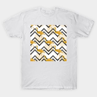 Hand drawn gold flamingo with chevron background T-Shirt